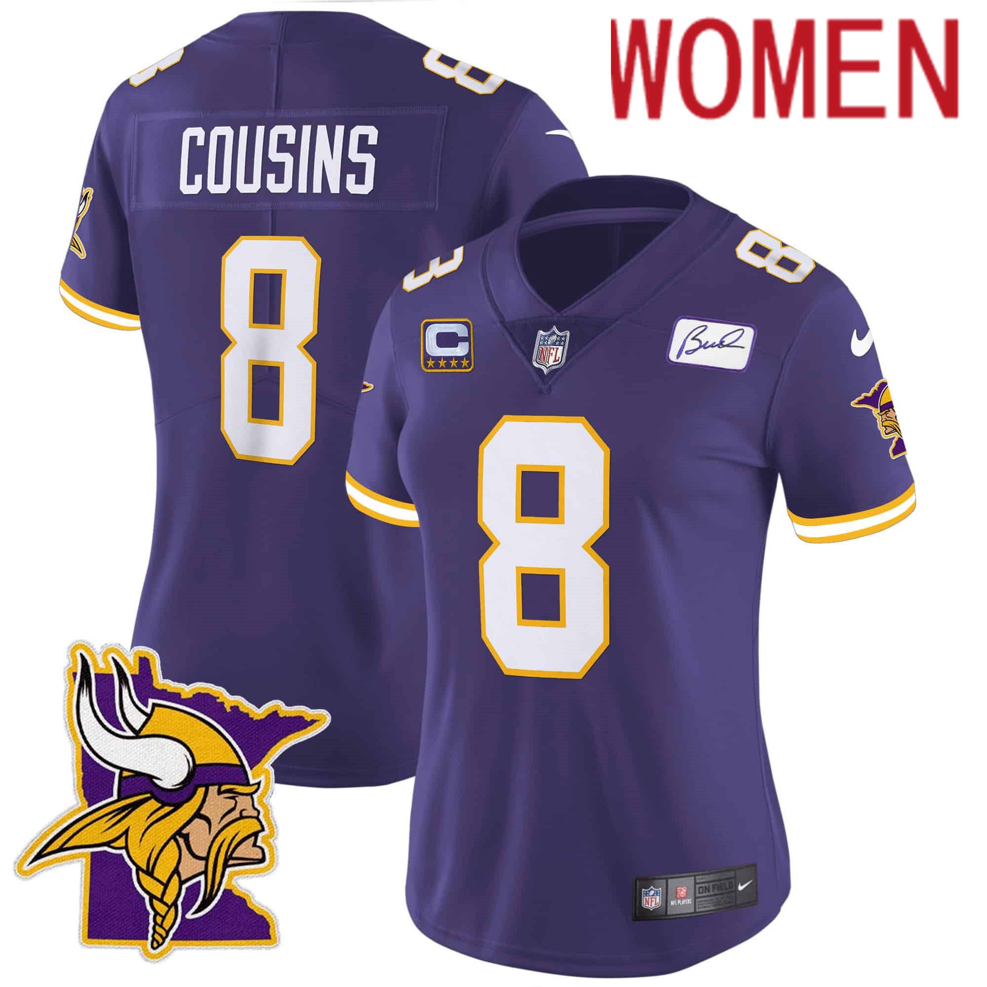 Women Minnesota Vikings 8 Cousins Purple 2024 Nike Patch Classic Limited NFL Jersey style 1